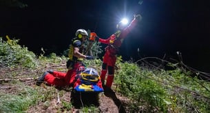 Zwei Flugretter bei Nacht im Gelände zwischen ihnen liegt eine Person im Bergesack am Boden